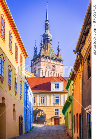 Sighisoara, Romania. Clock Tower, charming beautiful stone-walled city in Transylvania. 97055410