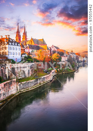 Basel, Switzerland. Beautiful city on Rhine River banks, Munster Cathedral. Basel, Switzerland. Beautiful city on Rhine River banks, Munster Cathedral. 97055442