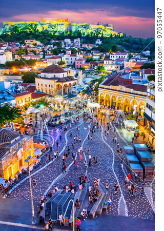 Athens, Greece. Acropolis and Monastiraki twilight colored sky 97055447