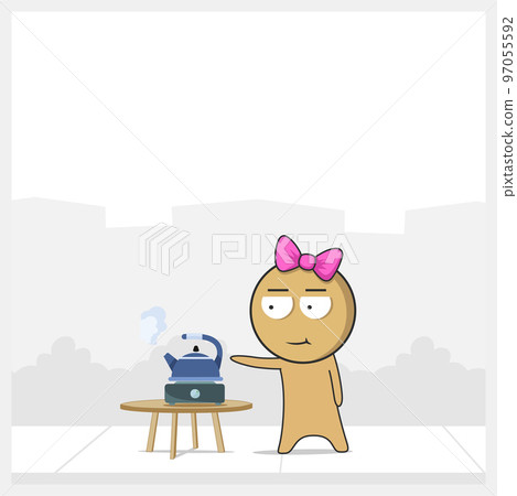 The girl runs up to the boiling kettle 97055592