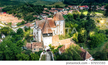 Bazna fortified church is Saxon landmark in Transylvania, Romania. 97055593