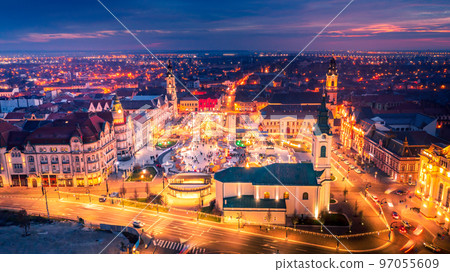 Oradea, Romania. Aerial view of Christmas Market in Crisana - Transylvania, Eastern Europe 97055609