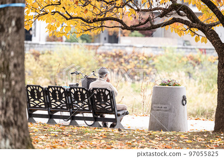孤獨的老人獨自坐在公園長椅上 97055825