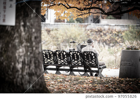 孤獨的老人獨自坐在公園長椅上 97055826