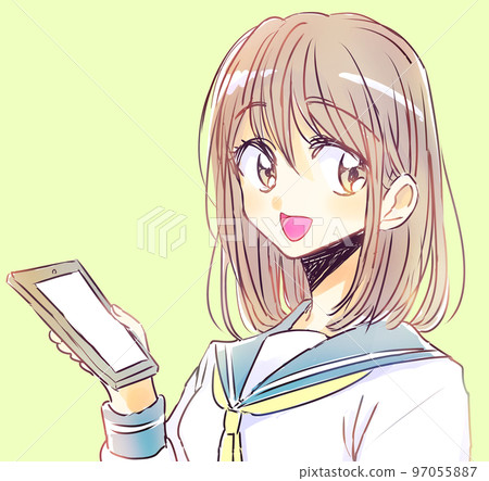 鬆散的女學生拿著智能手機,棕色頭髮,微笑 鬆散的女學生拿著智能手機,棕色頭髮,微笑 97055887