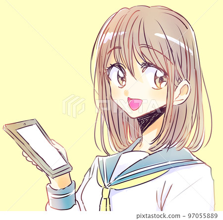 鬆散的女學生拿著智能手機，棕色頭髮，微笑 97055889