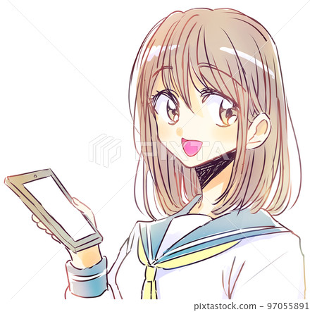 鬆散的女學生拿著智能手機,棕色頭髮,微笑 鬆散的女學生拿著智能手機,棕色頭髮,微笑 97055891