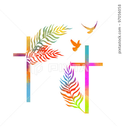 Colored religious cross brushstroke with twigs and with flying birds. Happy easter. Vector illustration Colored religious cross brushstroke with twigs and with flying birds. Happy easter. Vector illustration 97056058
