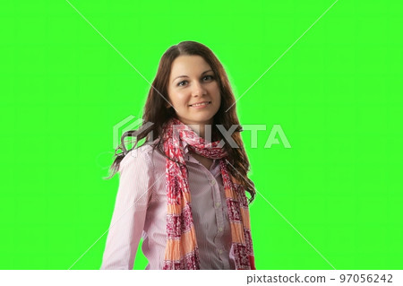 brown haired woman wiith scarf in green screen brown haired woman wiith scarf in green screen 97056242