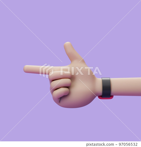 Cartoon hand finger point to over violet background. Simple 3d render illustration. Cartoon hand finger point to over violet background. Simple 3d render illustration. 97056532