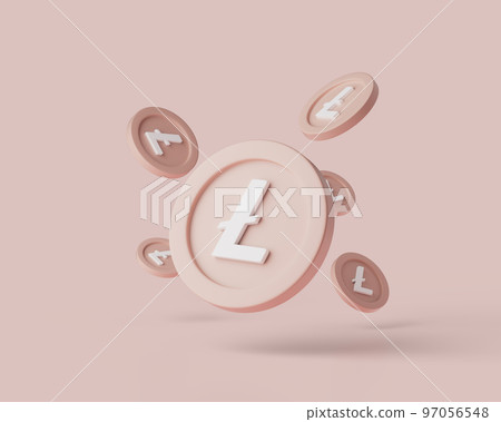 Cryptocurrency Litecoins levitate on pastel background. 3d render illustration with soft lights. Cryptocurrency Litecoins levitate on pastel background. 3d render illustration with soft lights. 97056548