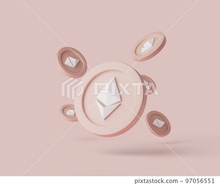 Cryptocurrency Ethereum coins levitate on pastel background. 3d render illustration with soft lights. Cryptocurrency Ethereum coins levitate on pastel background. 3d render illustration with soft lights. 97056551