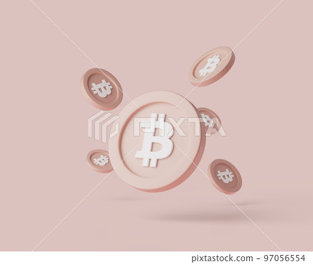 Cryptocurrency Bitcoins levitate on pastel background. 3d render illustration with soft lights. Cryptocurrency Bitcoins levitate on pastel background. 3d render illustration with soft lights. 97056554