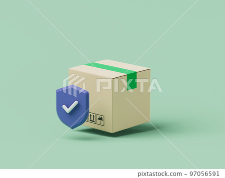 Simple cartoon delivery box with shield mark 3d render illustration. 97056591