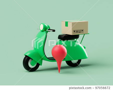 Simple cartoon scooter with delivery package on it and red point near 3d render illustration. Simple cartoon scooter with delivery package on it and red point near 3d render illustration. 97056672