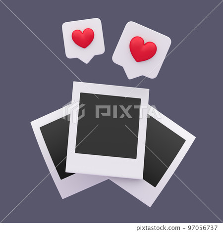 3d simple blank photo frames with likes messages. Retro vintage style 3d illustration. Vertical photo design template. 97056737