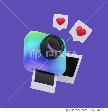 3d simple rainbow snapshot camera with white lens. pictures and likes on pastel background. 3d simple rainbow snapshot camera with white lens. pictures and likes on pastel background. 97056739