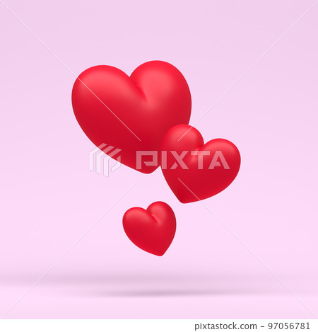 3d family of hearts on extra light pink pastel background with clear shadow illustration. 3d render love or like. 3d family of hearts on extra light pink pastel background with clear shadow illustration. 3d render love or like. 97056781