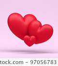 3d family of hearts on extra light pink pastel background with clear shadow illustration. 3d render love or like. 97056783