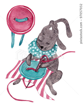 Cartoon hare is doing needlework. Isolated watercolor illustration of a black rabbit sewing on a button. Ideal for decorating children's room and things Cartoon hare is doing needlework. Isolated watercolor illustration of a black rabbit sewing on a button. Ideal for decorating children's room and things 97057032