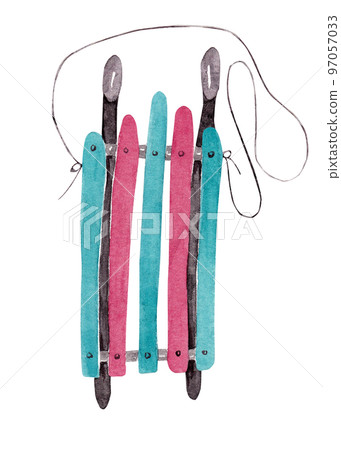 Sledge with multi-colored seat. Isolated watercolor illustration of winter sport item. Ideal for posters, postcards and embroidery Sledge with multi-colored seat. Isolated watercolor illustration of winter sport item. Ideal for posters, postcards and embroidery 97057033