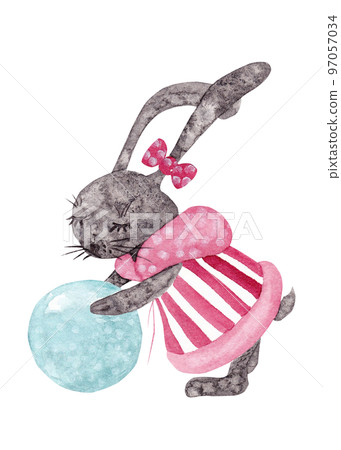 Cartoon hare sculpts kurush from snow. Isolated watercolor illustration of a black dressed-up rabbit playing. Ideal for decorating children's room and things Cartoon hare sculpts kurush from snow. Isolated watercolor illustration of a black dressed-up rabbit playing. Ideal for decorating children's room and things 97057034