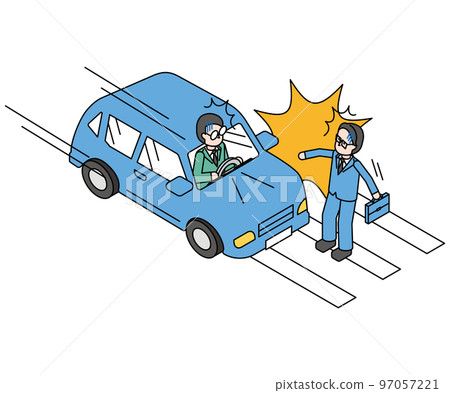 Isometric illustration of an accident of a car driven by a man and a male office worker commuting 97057221