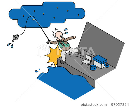 Isometric illustration of a senior man fishing at night falling into the sea 97057234