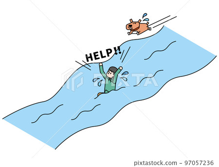 Isometric illustration of a boy who fell into the river and asked for help 97057236