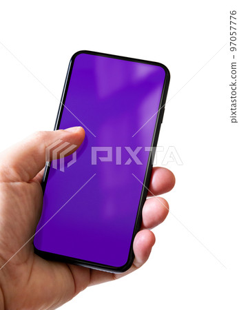 Hand holding a smartphone with blank purple screen. Isolated on white. 97057776