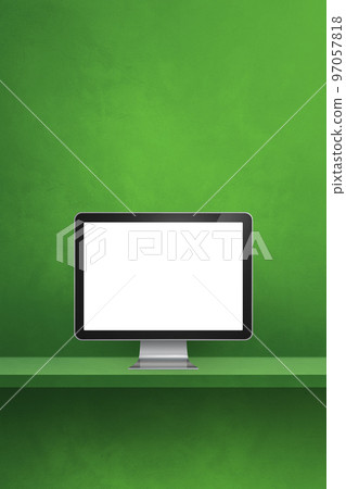 Computer pc on green shelf. Vertical background 97057818