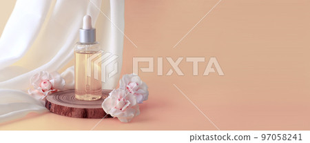 Podium with mock up product presentation. Scene tree with roses shell and bottle Podium with mock up product presentation. Scene tree with roses shell and bottle 97058241