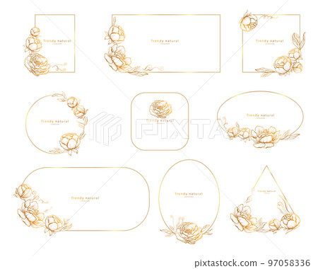 Set of elegant golden floral logo elements Frame corners and branch Boho Hand  97058336