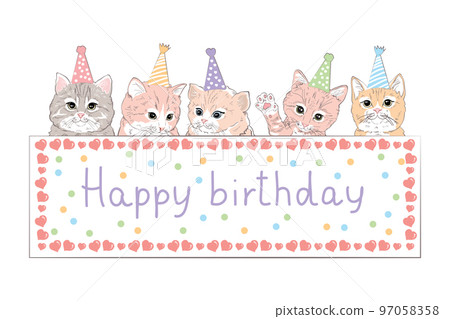 Cute fluffy happy kittens are waving their paw holding banner with pace for text 97058358