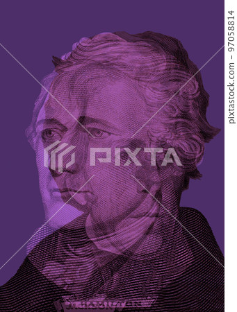 Double exposure of portrait of U.S. presidents Andrew Jackson and Alexander Hamilton. 97058814