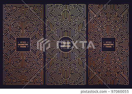 Vector set of art deco design elements, labels and frames for luxury products, golden linear fancy backagrounds, gatsby vintage style. Use for invitations, posters, prints, packaging 97060055
