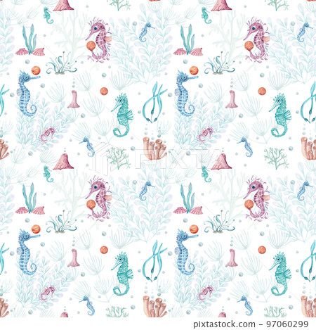 Watercolor underwater seamless pattern of seahorse, laminaria and coral. Underwater animals and plant isolated on white background. Aquatic illustration for design, print or background. Watercolor underwater seamless pattern of seahorse, laminaria and coral. Underwater animals and plant isolated on white background. Aquatic illustration for design, print or background. 97060299