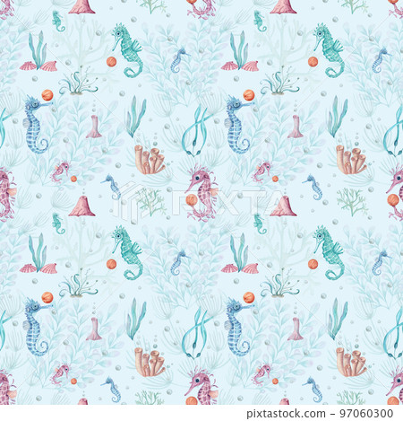 Watercolor underwater seamless pattern of seahorse, laminaria and coral. Underwater animals and plant isolated on white background. Aquatic illustration for design, print or background. 97060300