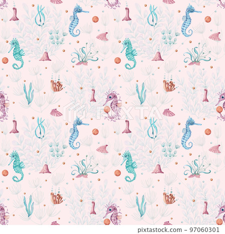 Watercolor underwater seamless pattern of seahorse, laminaria and coral. Underwater animals and plant isolated on white background. Aquatic illustration for design, print or background Watercolor underwater seamless pattern of seahorse, laminaria and coral. Underwater animals and plant isolated on white background. Aquatic illustration for design, print or background 97060301