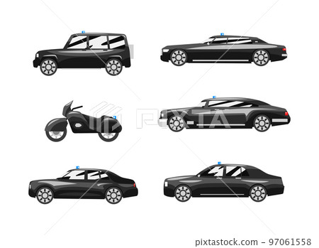Government Vehicles with Black Presidential Auto with Siren Side View Vector Set Government Vehicles with Black Presidential Auto with Siren Side View Vector Set 97061558