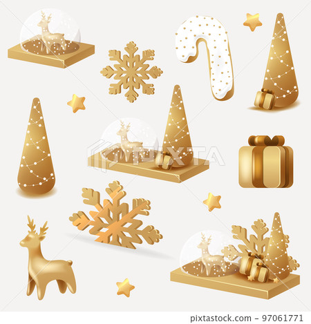 Christmas and New Year set. Colorful Xmas realistic 3d decorative design objects. Candy cane from cookies, golden gifts box. Christmas tree, glass snow globe 97061771