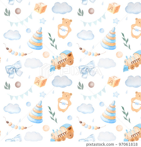 Watercolor seamless pattern with vintage cute fairy tale children's toys, clouds and stars in blue colors on white background 97061818