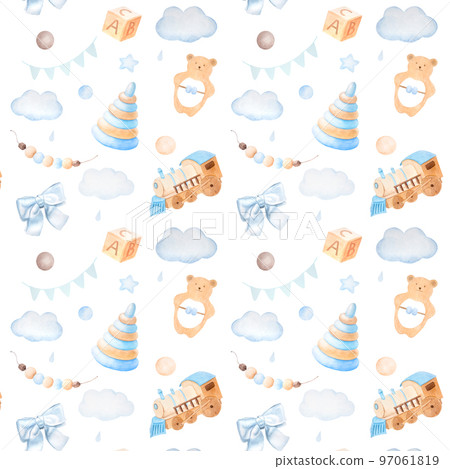 Watercolor seamless pattern with vintage cute fairy tale children's toys, clouds and stars in blue colors on white background Watercolor seamless pattern with vintage cute fairy tale children's toys, clouds and stars in blue colors on white background 97061819