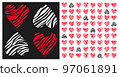 Set of seamless patterns with zebra stripes hearts in dark gray and red colors. Abstract animal zebra skin print for textile, paper, cover, fabric, interior decoration. Eps 10 97061891