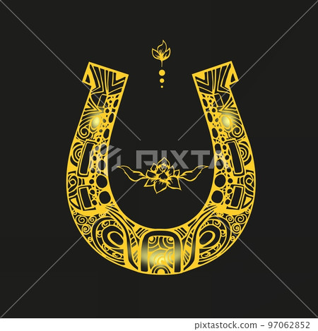 Ornate horseshoe with flowers and flourishes around, sketchy ink 97062852