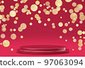 Simple product podium magenta colored with golden confetti, 3D rendering. 97063094
