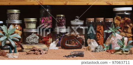 Agatized Coral With Quartz Crystals and Flowers With Australian Red Sand on Meditation Table 97063711