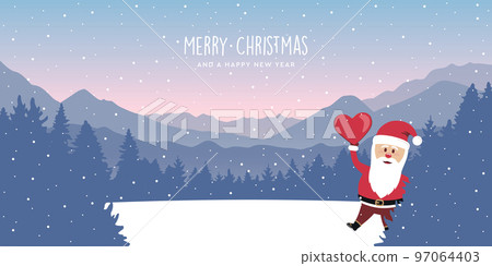 cute santa on snowy mountain and forest winter landscape christmas greetig card cute santa on snowy mountain and forest winter landscape christmas greetig card 97064403