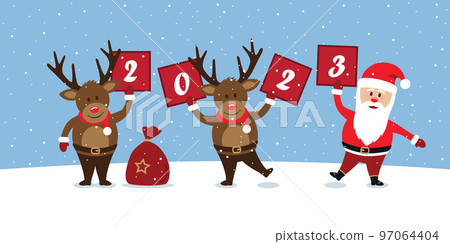 new year 2023 greeting card with cute christmas deer and santa new year 2023 greeting card with cute christmas deer and santa 97064404
