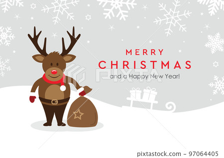christmas greeting card with cute deer on snowy background 97064405